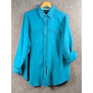 Intro Women's 1X Teal Lyocell Roll Tab Utility Shirt Snap Front Long Sleeve NWT